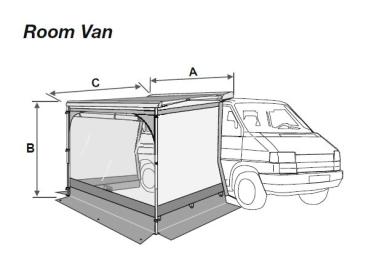Skizze F40 Room Van Markisenvorzelt – zeigt Maße und Aufbau mit Front- und Seitenwänden am Campingbus mit F40van Markise.